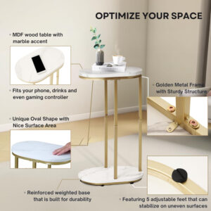 6888769d03e70754731dba654c8c34b5b4dda3e8836712b769099.jpg Wooden Marble Side Table, Oval Top with Gold Metal Frame for Ends, Compact Marble C Table for Living Room, Bedroom, Home Office, or Small Spaces