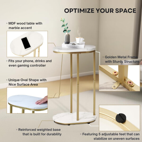 6888769d03e70754731dba654c8c34b5b4dda3e8836712b769099.jpg Wooden Marble Side Table, Oval Top with Gold Metal Frame for Ends, Compact Marble C Table for Living Room, Bedroom, Home Office, or Small Spaces