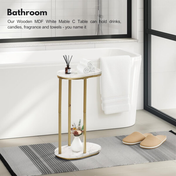 688876a07ddd4cadeaa8c5e89bd398768cb660ee288dd98d3b545.jpg Wooden Marble Side Table, Oval Top with Gold Metal Frame for Ends, Compact Marble C Table for Living Room, Bedroom, Home Office, or Small Spaces