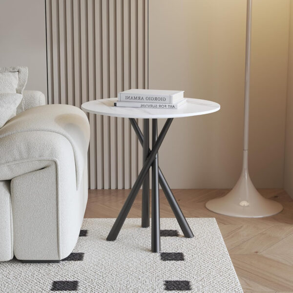 Round White Marble Side Table, Modern End Table with Sintered Stone Top and Black Metal Legs, Sofa Coffee Table for Living Room Apartment (20" x 20" x 22")