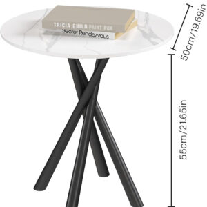 Round White Marble Side Table, Modern End Table with Sintered Stone Top and Black Metal Legs, Sofa Coffee Table for Living Room Apartment (20" x 20" x 22")