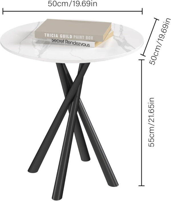 Round White Marble Side Table, Modern End Table with Sintered Stone Top and Black Metal Legs, Sofa Coffee Table for Living Room Apartment (20" x 20" x 22")