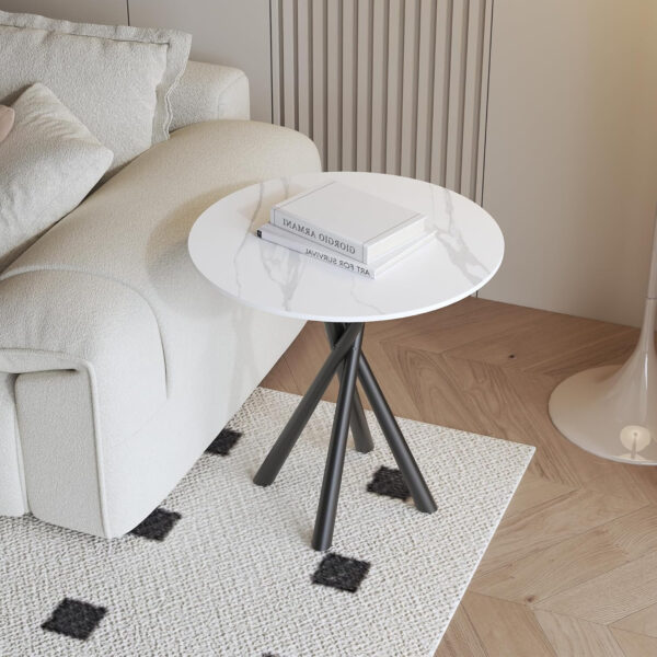 Round White Marble Side Table, Modern End Table with Sintered Stone Top and Black Metal Legs, Sofa Coffee Table for Living Room Apartment (20" x 20" x 22")