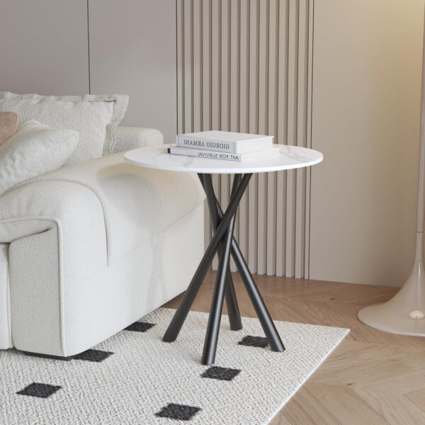 Round White Marble Side Table, Modern End Table with Sintered Stone Top and Black Metal Legs, Sofa Coffee Table for Living Room Apartment (20" x 20" x 22")
