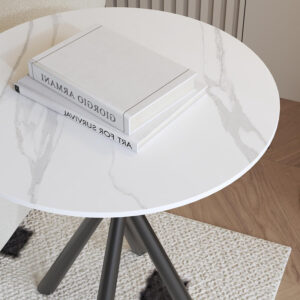 Round White Marble Side Table, Modern End Table with Sintered Stone Top and Black Metal Legs, Sofa Coffee Table for Living Room Apartment (20" x 20" x 22")