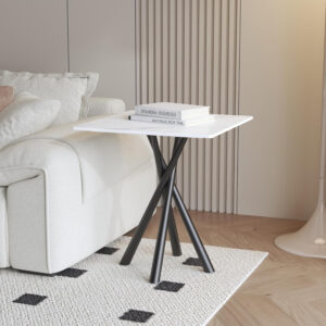Round White Marble Side Table, Modern End Table with Sintered Stone Top and Black Metal Legs, Sofa Coffee Table for Living Room Apartment (20" x 20" x 22")
