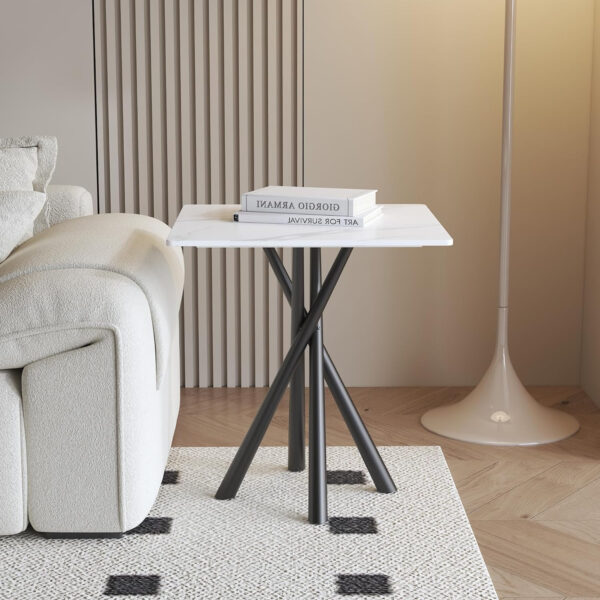 Round White Marble Side Table, Modern End Table with Sintered Stone Top and Black Metal Legs, Sofa Coffee Table for Living Room Apartment (20" x 20" x 22")