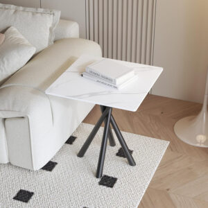 Round White Marble Side Table, Modern End Table with Sintered Stone Top and Black Metal Legs, Sofa Coffee Table for Living Room Apartment (20" x 20" x 22")