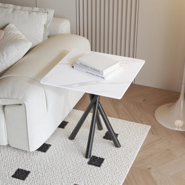 Round White Marble Side Table, Modern End Table with Sintered Stone Top and Black Metal Legs, Sofa Coffee Table for Living Room Apartment (20" x 20" x 22")