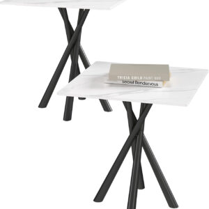 Round White Marble Side Table, Modern End Table with Sintered Stone Top and Black Metal Legs, Sofa Coffee Table for Living Room Apartment (20" x 20" x 22")