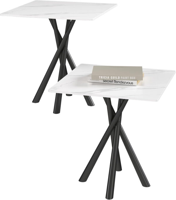 Round White Marble Side Table, Modern End Table with Sintered Stone Top and Black Metal Legs, Sofa Coffee Table for Living Room Apartment (20" x 20" x 22")