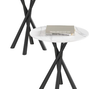 Round White Marble Side Table, Modern End Table with Sintered Stone Top and Black Metal Legs, Sofa Coffee Table for Living Room Apartment (20" x 20" x 22")
