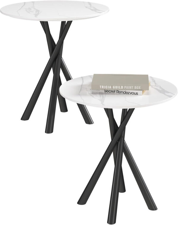 Round White Marble Side Table, Modern End Table with Sintered Stone Top and Black Metal Legs, Sofa Coffee Table for Living Room Apartment (20" x 20" x 22")