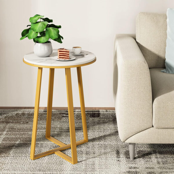 Round End Tables, Small Side Table White Marble Texture MDF Top,Metal Frame Gold Color, Tall End Table for Bed Room,Coffee Tea End Table for Living Room (White Marble+Gold)