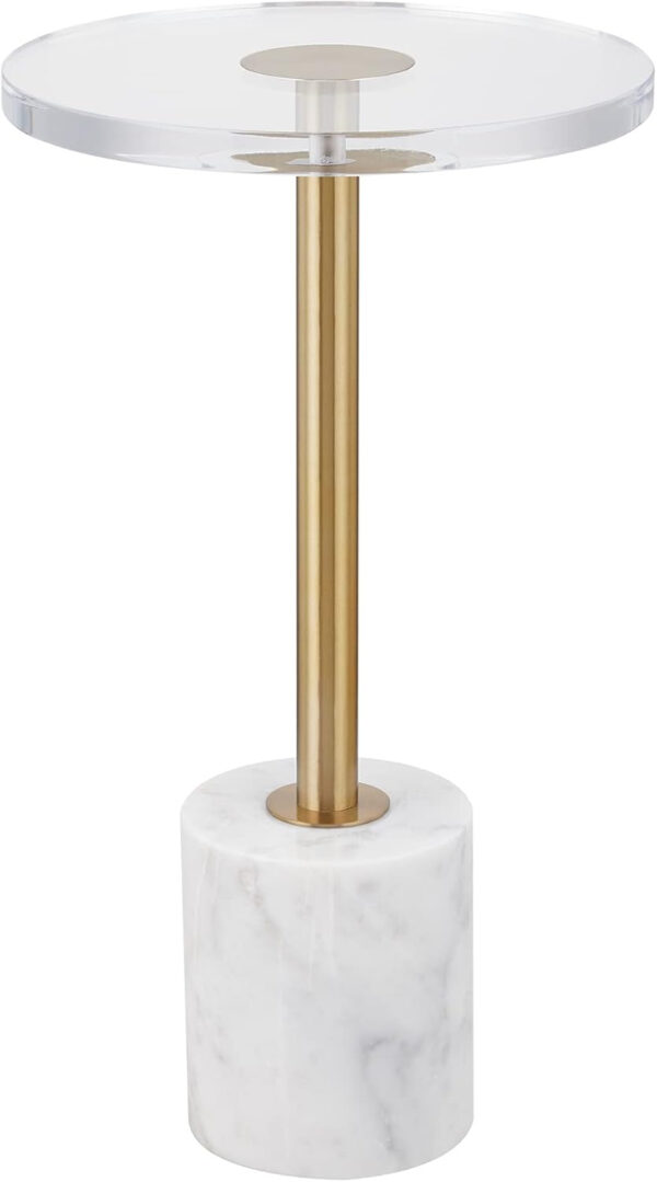 688877a9dd06fecefa85d3fadb64f548c03a3949563663c8ece61.jpg LIKENOW Furniture Acrylic Side Table,Clear Small Round End Table for Living Room,Bedroom,Office | Modern Nightstand with Marble Base,Gold Post,Clear Top for Drink,Food,Snack,Assembly(White)