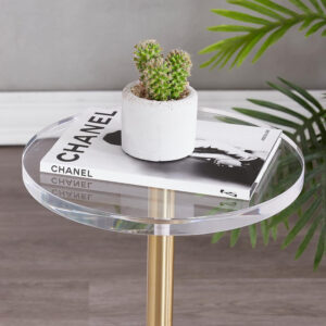 688877ae17ea74c8ec17f0811da54d01ae75be52be60eb04fcbf6.jpg LIKENOW Furniture Acrylic Side Table,Clear Small Round End Table for Living Room,Bedroom,Office | Modern Nightstand with Marble Base,Gold Post,Clear Top for Drink,Food,Snack,Assembly(White)