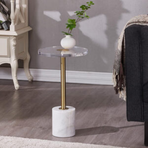688877b55f44b23ecf0b6eee5d457eceabddbb3c5844910fc7072.jpg LIKENOW Furniture Acrylic Side Table,Clear Small Round End Table for Living Room,Bedroom,Office | Modern Nightstand with Marble Base,Gold Post,Clear Top for Drink,Food,Snack,Assembly(White)