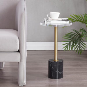 688877b96d6137198fb425b08ead439dd93c8536ca0435b976ca8.jpg LIKENOW Furniture Acrylic Side Table,Clear Small Round End Table for Living Room,Bedroom,Office | Modern Nightstand with Marble Base,Gold Post,Clear Top for Drink,Food,Snack,Assembly(White)