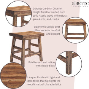 Alaterre Furniture Durango 20-Inch Tall Industrial Wood Dining Stool - Table or Extra Seat - Unique Rustic Industrial Style and Comfort - Farmhouse, Solid Wood Furniture