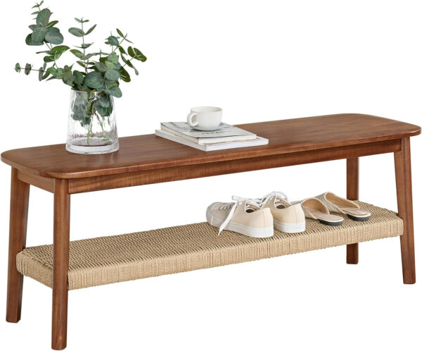 Alaterre Furniture Calais Collection Side Table - 20-Inch End Table with Woven Shelf - Solid Acacia Wood Mid-Century Modern Table (Warm Chestnut)