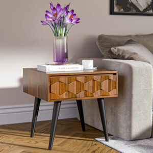 Bme Georgina Solid Wood Nightstands with Drawers - Fully Assembled Rustic Geometric Pattern Bedside Cabinet - Mid Century Modern Side Table for Living Room, Bedroom