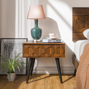 Bme Georgina Solid Wood Nightstands with Drawers - Fully Assembled Rustic Geometric Pattern Bedside Cabinet - Mid Century Modern Side Table for Living Room, Bedroom