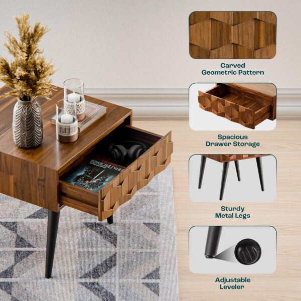 Bme Georgina Solid Wood Nightstands with Drawers - Fully Assembled Rustic Geometric Pattern Bedside Cabinet - Mid Century Modern Side Table for Living Room, Bedroom