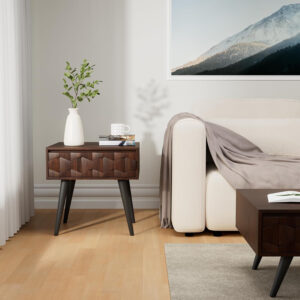 Bme Georgina Solid Wood Nightstands with Drawers - Fully Assembled Rustic Geometric Pattern Bedside Cabinet - Mid Century Modern Side Table for Living Room, Bedroom