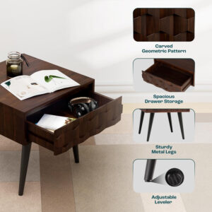 Bme Georgina Solid Wood Nightstands with Drawers - Fully Assembled Rustic Geometric Pattern Bedside Cabinet - Mid Century Modern Side Table for Living Room, Bedroom