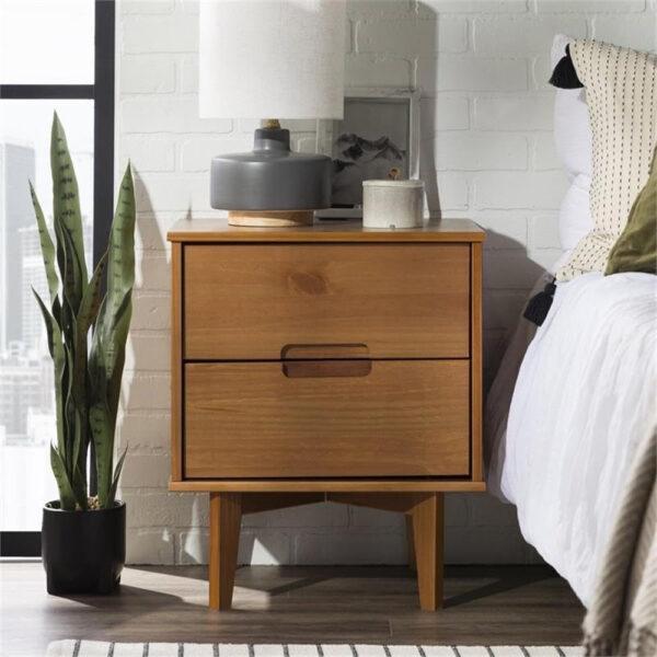 68887b97e2df2fecd17f4e134894dfc4d6fb0da082c6cdf8adb13.jpg Walker Edison Mid Century Modern Grooved Handle Wood Nightstand Side Table Bedroom Storage Drawer and Shelf Bedside End Table, 2 Drawer, Caramel