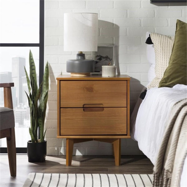 68887b9af2bfe9c14d97ecf73f4ee01390f6e3db9fdbf26118321.jpg Walker Edison Mid Century Modern Grooved Handle Wood Nightstand Side Table Bedroom Storage Drawer and Shelf Bedside End Table, 2 Drawer, Caramel