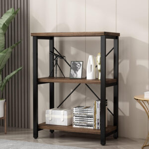 5 Tier Industrial Solid Wood Bookshelf, Open Etagere Bookcase with Metal Frame, Vintage Industrial Style Bookcase/Metal and Wood Bookshelf Furniture (AY01-5tier)