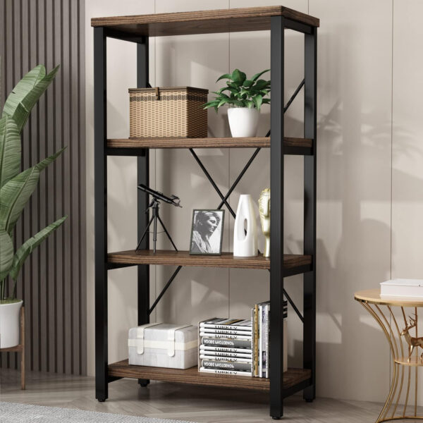 5 Tier Industrial Solid Wood Bookshelf, Open Etagere Bookcase with Metal Frame, Vintage Industrial Style Bookcase/Metal and Wood Bookshelf Furniture (AY01-5tier)