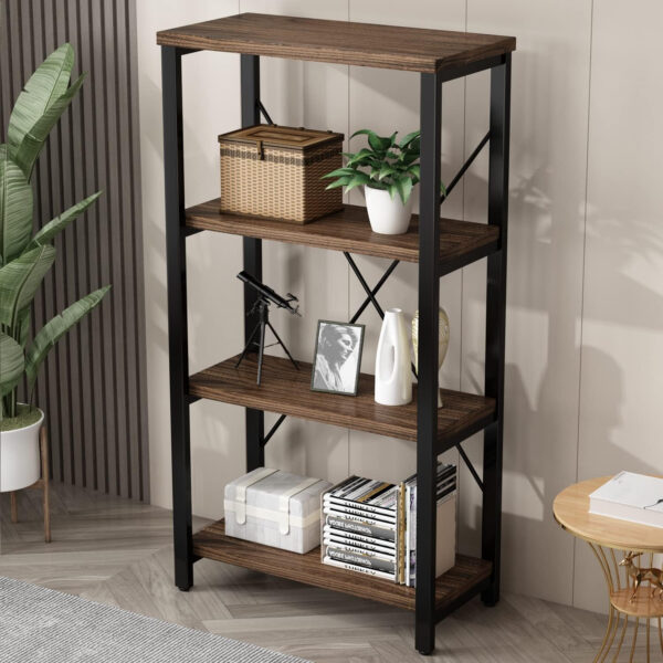 5 Tier Industrial Solid Wood Bookshelf, Open Etagere Bookcase with Metal Frame, Vintage Industrial Style Bookcase/Metal and Wood Bookshelf Furniture (AY01-5tier)
