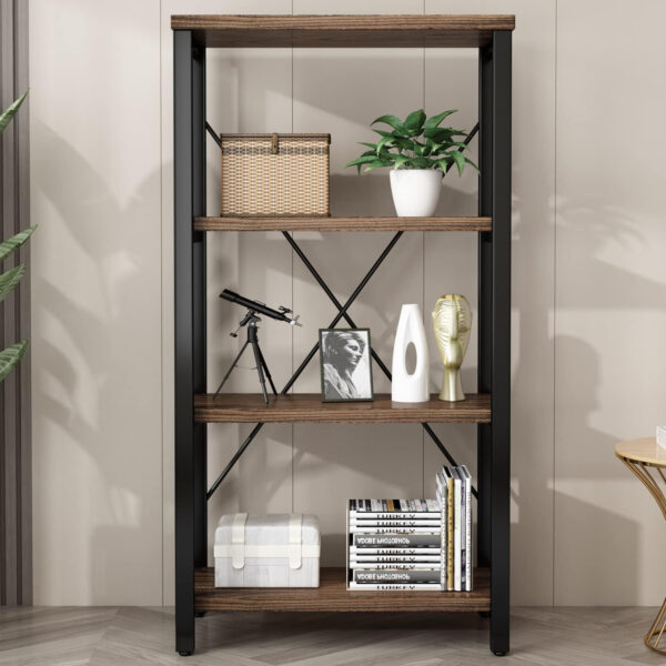 5 Tier Industrial Solid Wood Bookshelf, Open Etagere Bookcase with Metal Frame, Vintage Industrial Style Bookcase/Metal and Wood Bookshelf Furniture (AY01-5tier)