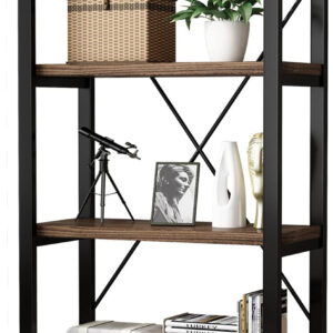 5 Tier Industrial Solid Wood Bookshelf, Open Etagere Bookcase with Metal Frame, Vintage Industrial Style Bookcase/Metal and Wood Bookshelf Furniture (AY01-5tier)