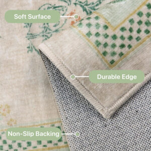 GENIMO 8x10 Vintage Floral Area Rug, Soft Microfiber Washable Rug with Non-Slip Backing, Green Carpet for Living Room, Bedroom and Dining Room