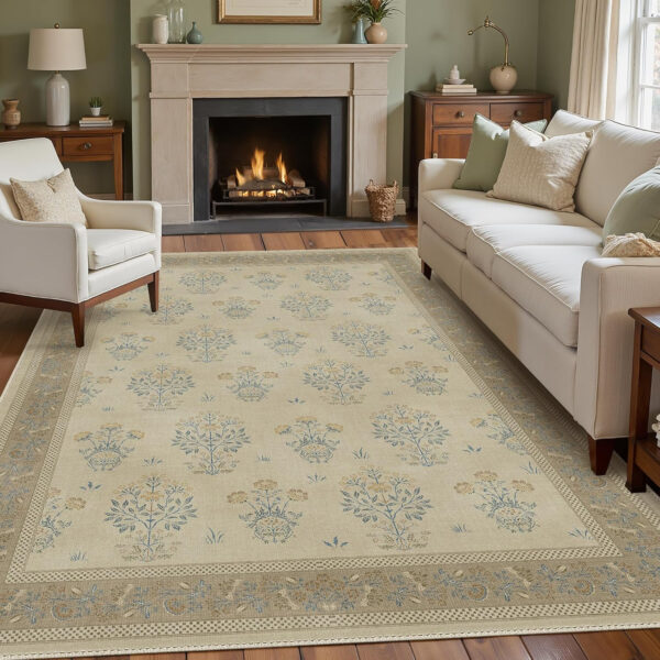 GENIMO 8x10 Vintage Floral Area Rug, Soft Microfiber Washable Rug with Non-Slip Backing, Green Carpet for Living Room, Bedroom and Dining Room