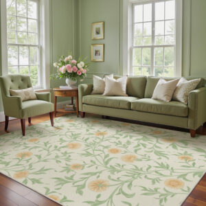 GENIMO 8x10 Vintage Floral Area Rug, Soft Microfiber Washable Rug with Non-Slip Backing, Green Carpet for Living Room, Bedroom and Dining Room