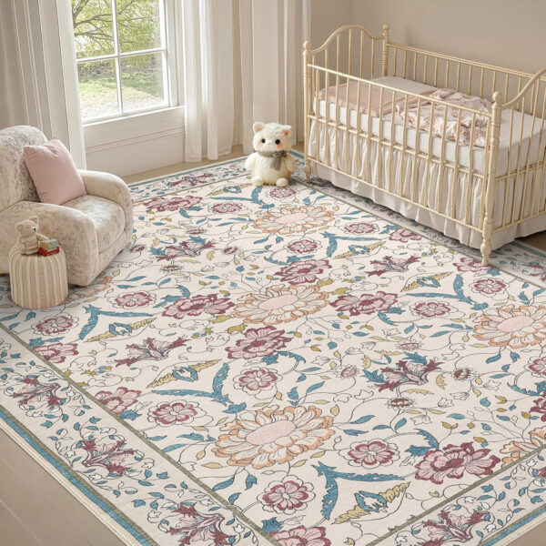 688899b1057c9f2aa97ae58c5201af8338770c0333c48a6ecca66.jpg Nursery Rug 10x14 for Kids & Girls - Washable Vintage Large Floral Area Rugs - Ultra Thin Stain Resistant Non Slip Carpets for Kids Playroom, Living Room, Bedroom, Dining Room, Office - Floral Multi