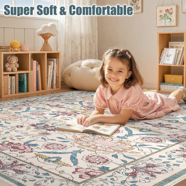 688899b69476d8028eb2b848d2676d5c200d79902e4af5c543403.jpg Nursery Rug 10x14 for Kids & Girls - Washable Vintage Large Floral Area Rugs - Ultra Thin Stain Resistant Non Slip Carpets for Kids Playroom, Living Room, Bedroom, Dining Room, Office - Floral Multi