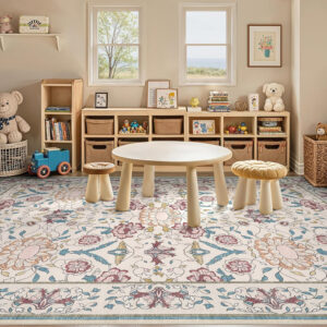 688899be41bb863dd03c6826af0c91d21d7d9210f3c406194e4a4.jpg Nursery Rug 10x14 for Kids & Girls - Washable Vintage Large Floral Area Rugs - Ultra Thin Stain Resistant Non Slip Carpets for Kids Playroom, Living Room, Bedroom, Dining Room, Office - Floral Multi