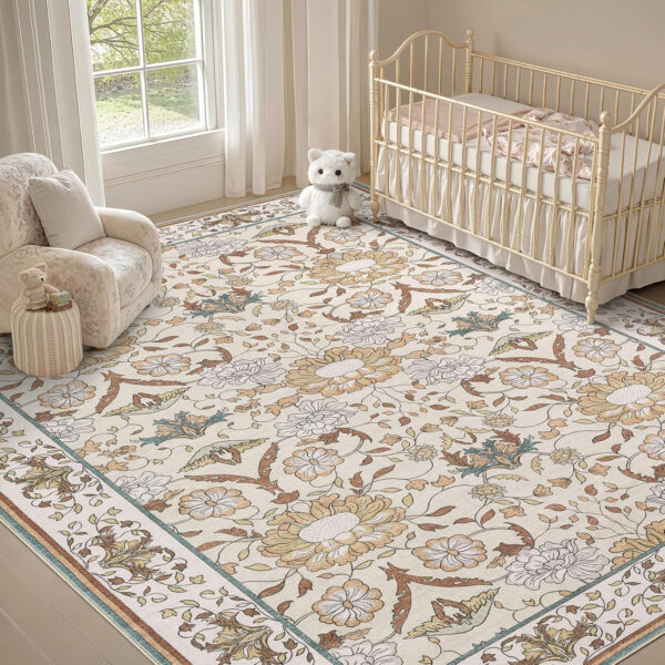 688899d539d6865da2d9381f13df7e16aab3c46081206aa793e27.jpg Nursery Rug 10x14 for Kids & Girls - Washable Vintage Large Floral Area Rugs - Ultra Thin Stain Resistant Non Slip Carpets for Kids Playroom, Living Room, Bedroom, Dining Room, Office - Floral Multi