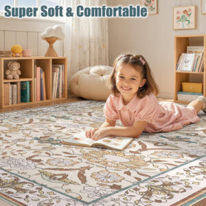 688899dae54565e51b72c1544bac96c729a1f58504b8ff807584c.jpg Nursery Rug 10x14 for Kids & Girls - Washable Vintage Large Floral Area Rugs - Ultra Thin Stain Resistant Non Slip Carpets for Kids Playroom, Living Room, Bedroom, Dining Room, Office - Floral Multi