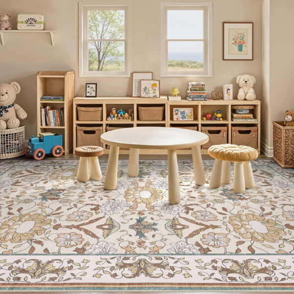 688899e20aee588ad886b5929fb30ddbf396724378a0efd530314.jpg Nursery Rug 10x14 for Kids & Girls - Washable Vintage Large Floral Area Rugs - Ultra Thin Stain Resistant Non Slip Carpets for Kids Playroom, Living Room, Bedroom, Dining Room, Office - Floral Multi