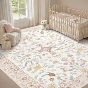 688899f645a12a8f71ab34000d462d67a7a27c5c88b3c1e724bbb.jpg Nursery Rug 10x14 for Kids & Girls - Washable Vintage Large Floral Area Rugs - Ultra Thin Stain Resistant Non Slip Carpets for Kids Playroom, Living Room, Bedroom, Dining Room, Office - Floral Multi