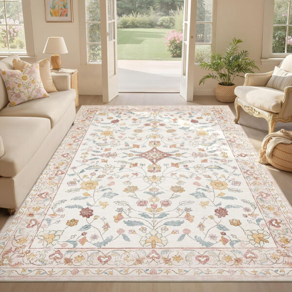 688899f808f31ee177854a6d76327eef98bf018265f49cae36014.jpg Nursery Rug 10x14 for Kids & Girls - Washable Vintage Large Floral Area Rugs - Ultra Thin Stain Resistant Non Slip Carpets for Kids Playroom, Living Room, Bedroom, Dining Room, Office - Floral Multi