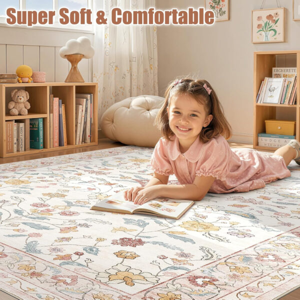 688899fbb55fed6f08fc0bacbf02feabd2351e87a4079644c0f02.jpg Nursery Rug 10x14 for Kids & Girls - Washable Vintage Large Floral Area Rugs - Ultra Thin Stain Resistant Non Slip Carpets for Kids Playroom, Living Room, Bedroom, Dining Room, Office - Floral Multi
