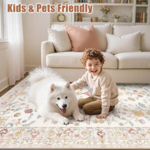 688899ff8f300b41c78aab3013ddade6349ee4f1ed14c6fb053d7.jpg Nursery Rug 10x14 for Kids & Girls - Washable Vintage Large Floral Area Rugs - Ultra Thin Stain Resistant Non Slip Carpets for Kids Playroom, Living Room, Bedroom, Dining Room, Office - Floral Multi