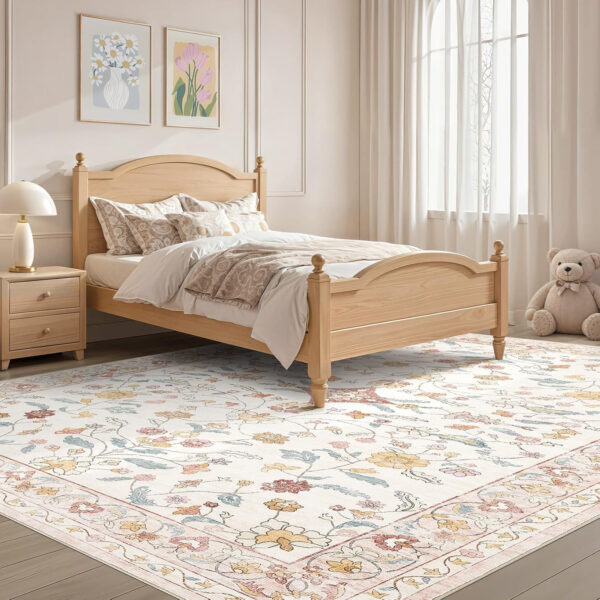 68889a0176c8bf56a4c19ec44c3979802336bcb7daeed4007724f.jpg Nursery Rug 10x14 for Kids & Girls - Washable Vintage Large Floral Area Rugs - Ultra Thin Stain Resistant Non Slip Carpets for Kids Playroom, Living Room, Bedroom, Dining Room, Office - Floral Multi